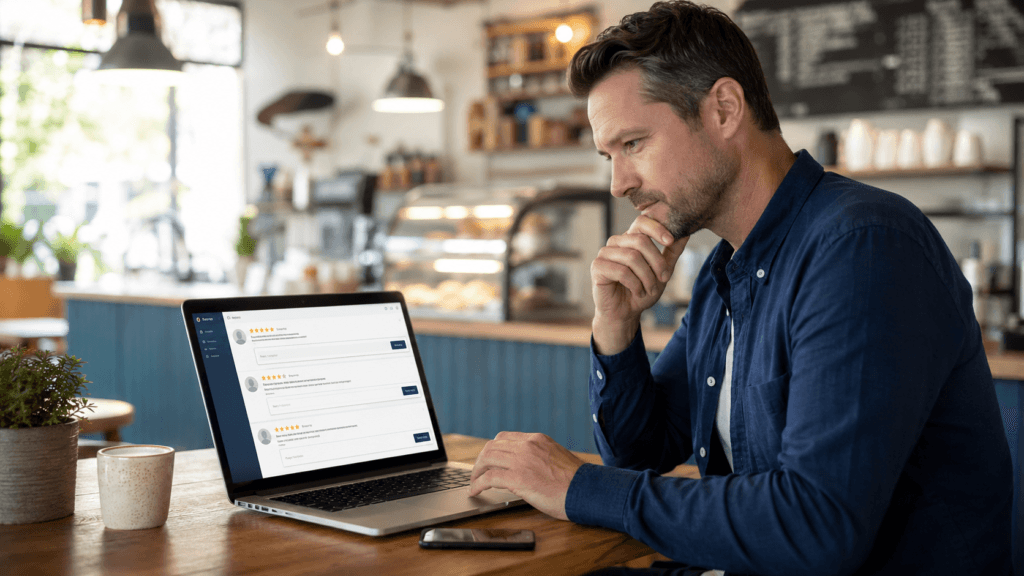Small-business owner reviewing AI-assisted replies to customer reviews on a laptop.