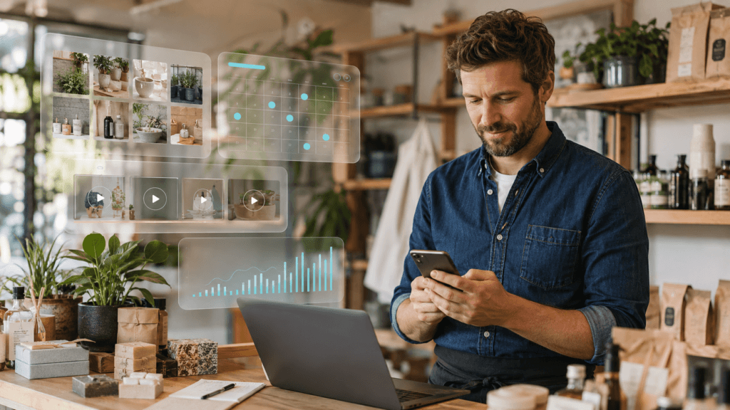 Small-business owner using AI to plan social media posts on a smartphone and laptop.