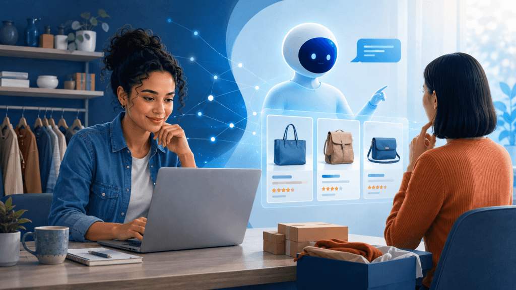 Small business owner using an AI shopping agent to help a customer compare products